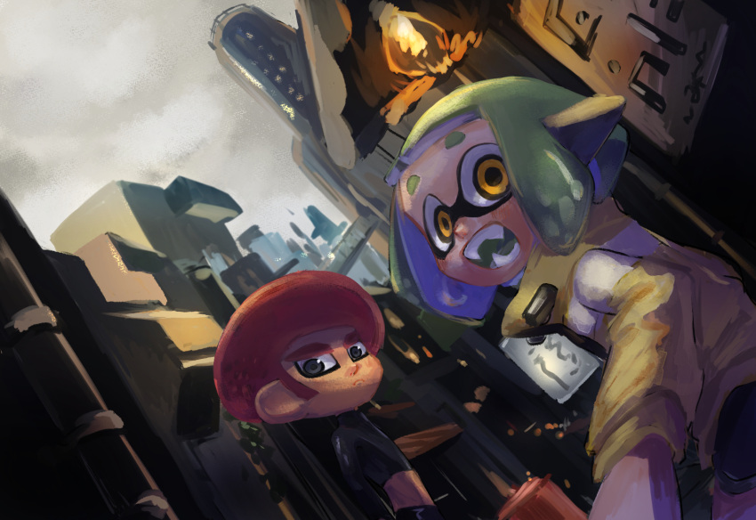1boy 1girl afro black_shirt blush city closed_mouth fangs frown green_hair grey_eyes highres inkling inkling_girl jacket long_sleeves midriff nata_shelf octoling octoling_boy open_mouth outdoors redhead shirt splatoon_(series) tentacle_hair thick_eyebrows trash_can yellow_eyes yellow_jacket