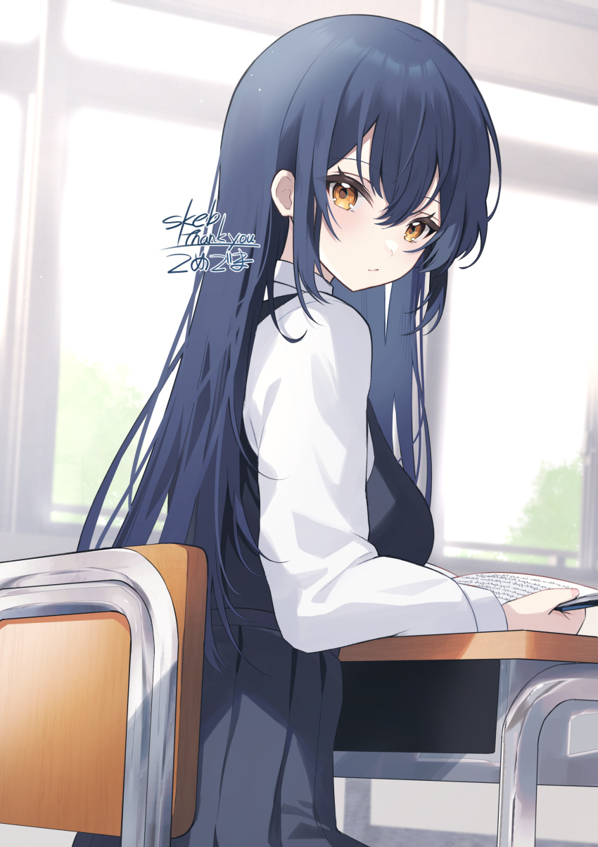 1girl absurdres black_hair breasts chair classroom commentary commission desk highres holding holding_pen indoors komegoma505 long_hair long_sleeves looking_at_viewer medium_breasts on_chair original pen pleated_skirt school_chair school_desk school_uniform shirt sitting skeb_commission skirt solo thank_you white_shirt window yellow_eyes