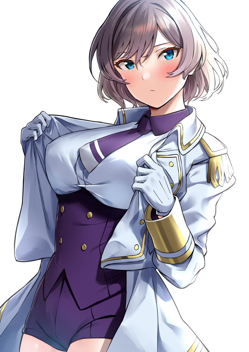 1girl absurdres blue_eyes blush breasts brown_hair closed_mouth commentary_request corset dutch_angle epaulettes gloves gridman_universe highres jacket large_breasts light_frown long_sleeves looking_at_viewer military_jacket mujina necktie open_clothes open_jacket purple_corset purple_necktie purple_shorts short_hair shorts solo ssss.dynazenon totoki86 white_background white_gloves white_jacket
