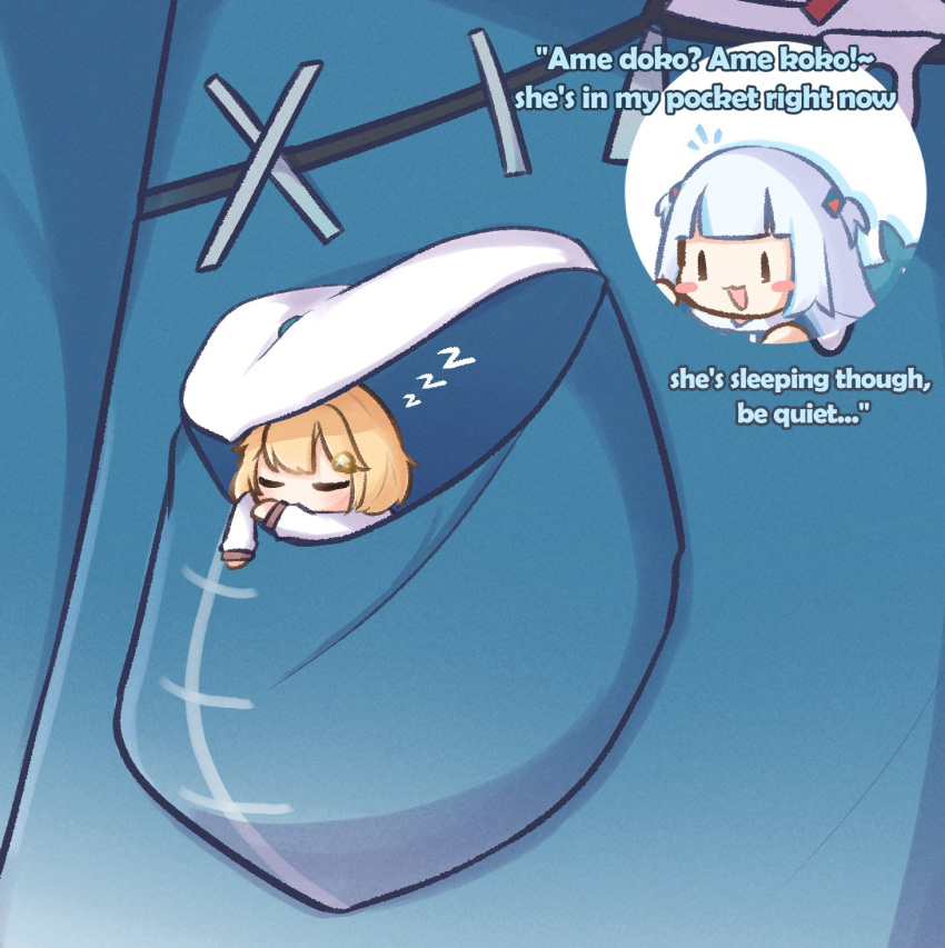 2girls =_= blonde_hair blue_hair blue_hoodie blue_theme blush_stickers close-up commentary english_commentary english_text gawr_gura hair_ornament highres hololive hololive_english hood hoodie inset long_sleeves mini_person minigirl monocle_hair_ornament moon_ldl multicolored_hair multiple_girls pocket sleeping streaked_hair two_side_up watson_amelia white_sleeves zzz |_|