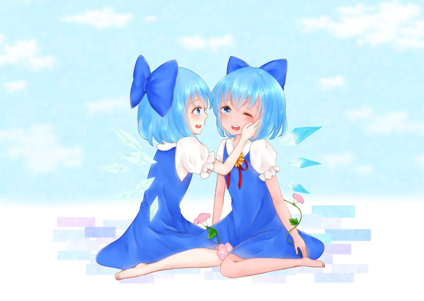 2girls absurdres alternate_skin_color barefoot blue_background blue_dress blue_eyes blue_hair cirno detached_wings dress frilled_sleeves frills full_body hand_on_another's_cheek hand_on_another's_face highres ice ice_wings kashokasho looking_at_another multiple_girls official_alternate_costume one_eye_closed open_mouth pinafore_dress puffy_short_sleeves puffy_sleeves short_sleeves simple_background sleeveless sleeveless_dress tanned_cirno teeth touhou upper_teeth_only wings