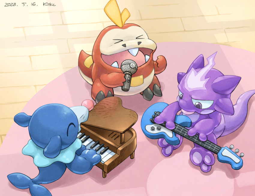 &gt;_&lt; ^_^ absurdres artist_name closed_eyes commentary dated electric_guitar english_commentary fangs fuecoco guitar highres holding holding_instrument holding_microphone indoors instrument katkichi microphone music no_humans open_mouth piano playing_instrument playing_piano pokemon pokemon_(creature) popplio rug singing sitting smile teeth toxel violet_eyes wooden_floor