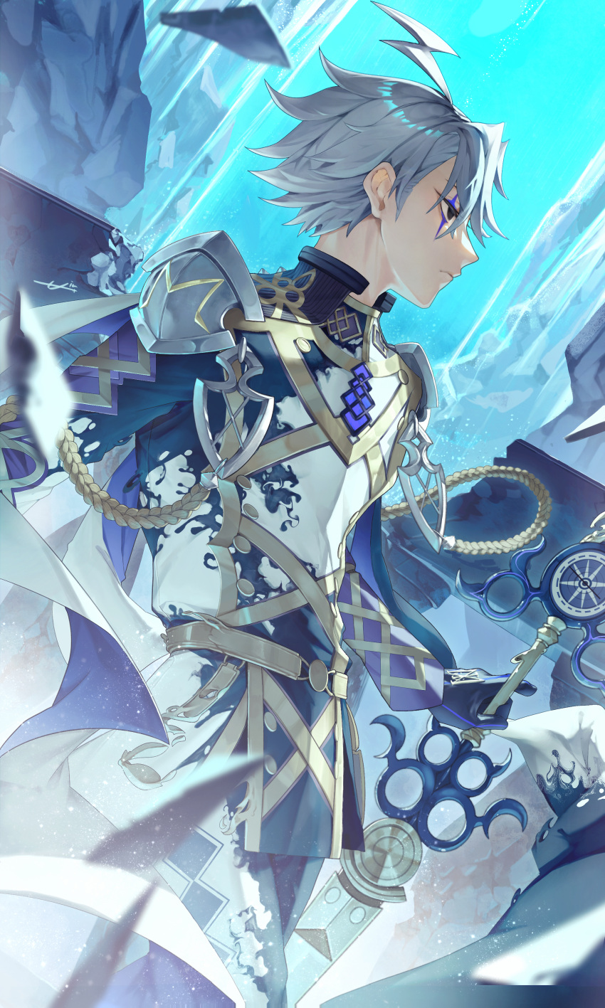 1boy absurdres ahoge air_(ai_r_) black_eyes black_gloves cowboy_shot facial_mark fate/grand_order fate_(series) gloves hair_between_eyes highres holding holding_staff james_moriarty_(ruler)_(fate) lightning_ahoge male_focus profile short_hair shoulder_pads signature solo staff white_hair