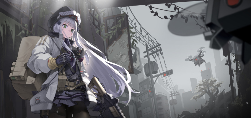 1girl absurdres black_headwear blue_gloves blue_skirt blurry brown_bag building commentary_request cowboy_shot depth_of_field drone future_cake girls'_frontline_neural_cloud girls_frontline gloves green_eyes gun highres hk416_(girls'_frontline) holding holding_gun holding_weapon jacket korean_commentary long_hair long_sleeves looking_at_viewer looking_down machine military open_clothes open_jacket outdoors plant pleated_skirt skirt solo standing tactical_clothes traffic_light utility_pole vines weapon white_hair white_jacket