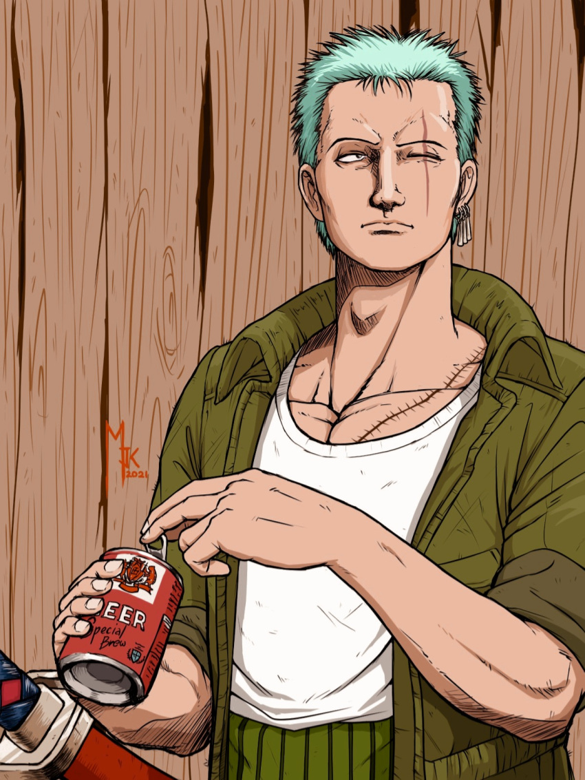 1boy 2021 alcohol alternate_costume beer beer_can can closed_mouth earrings green_hair highres holding holding_can jewelry katana maggx male_focus one_eye_closed one_piece roronoa_zoro scar scar_across_eye scar_on_chest scar_on_face short_hair signature single_earring solo sword weapon