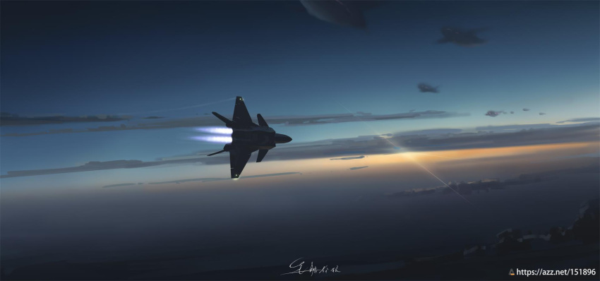 afterburner aircraft airplane canards china chinese_commentary clouds fighter_jet highres horizon j-20 jet lens_flare military military_vehicle no_humans original people's_liberation_army people's_liberation_army_air_force shouhui_lang_qun signature sun vehicle_focus watermark