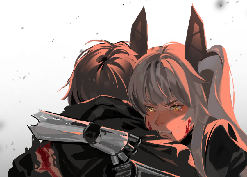 1girl 1other black_jacket blood blood_on_face brown_hair bruise commander_(punishing:_gray_raven) crying crying_with_eyes_open english_commentary from_behind grey_hair headgear highres hug injury jacket karenina:_radiant_daybreak_(punishing:_gray_raven) karenina_(punishing:_gray_raven) long_hair mechanical_arms punishing:_gray_raven short_hair sidelocks tears torn_jacket two_side_up yellow_eyes yongsadragon