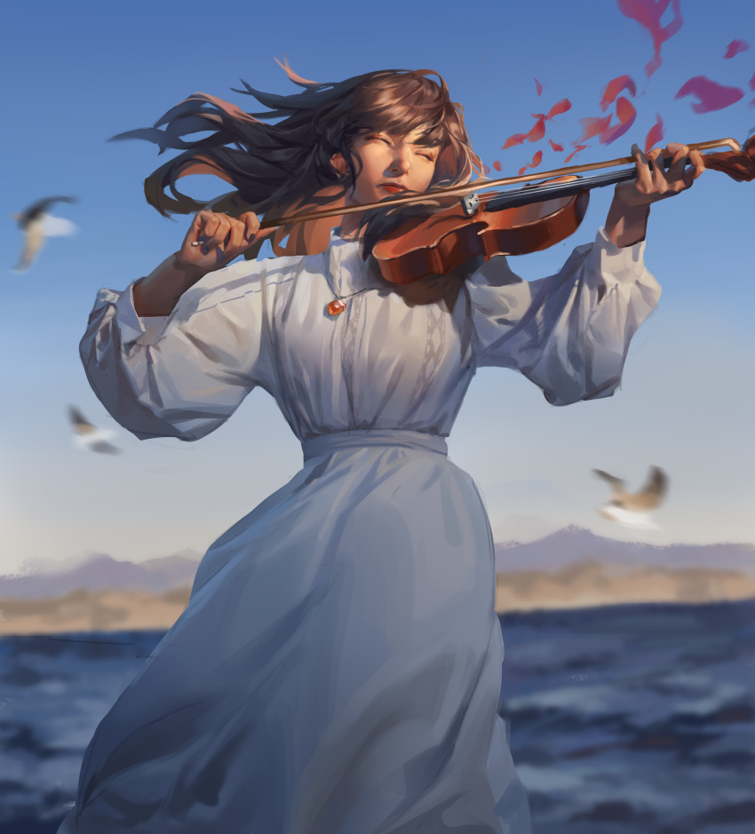 1girl absurdres bird_wings blurry blurry_background bow_(music) chinese_commentary clear_sky closed_eyes dress gem highres instrument jewelry liu2e3ing long_hair mountainous_horizon music necklace ocean original petals playing_instrument puffy_sleeves red_gemstone red_lips sky solo violin white_dress wings