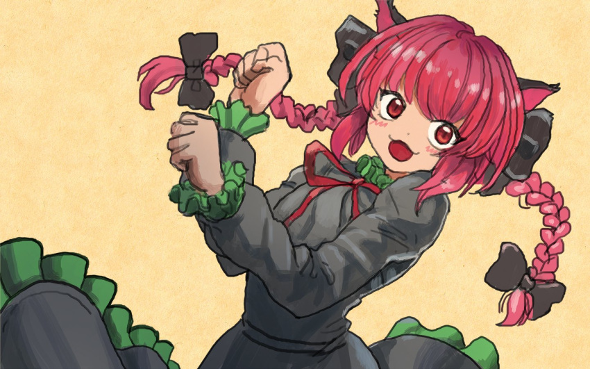 1girl :d black_bow black_dress bow braid clenched_hands commentary dress hair_bow kaenbyou_rin kusama_takato long_hair long_sleeves looking_at_viewer one-hour_drawing_challenge open_mouth red_eyes redhead side_braids simple_background smile solo touhou twin_braids yellow_background