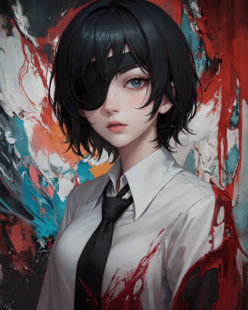 1girl abstract absurdres ai-generated black_hair black_necktie chainsaw_man formal grenade_pin highres himeno himeno_(chainsaw_man) lxlbanner necktie non-web_source