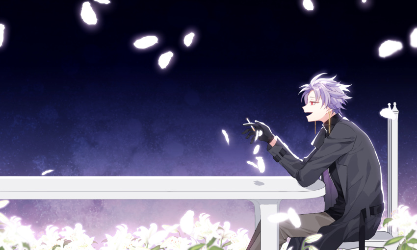 1boy black_gloves black_shirt brown_pants cigarette coat earrings facing_to_the_side gloves grey_coat hair_slicked_back holding holding_cigarette jewelry long_sleeves looking_ahead male_focus open_mouth pants purple_hair red_eyes saibou_shinkyoku sakuraihum shirt short_hair sitting smile solo table theodore_riddle turtleneck