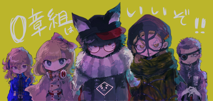 2girls 3boys animal_ears animal_hat aphex_logan beanie black_hair black_headwear blonde_hair blue_jacket bow cabbie_hat chachan_chan closed_mouth coat eyepatch facial_tattoo fake_animal_ears fur_collar glasses gloves green_scarf grey_coat grey_hair hair_between_eyes hair_bow hair_ornament hat headphones headphones_around_neck highres jacket long_hair long_sleeves looking_at_viewer master_detective_archives:_rain_code melami_goldmine multiple_boys multiple_girls own_hands_together pink_bow pucci_lavmin rabbit_hair_ornament red-framed_eyewear red_eyes round_eyewear scarf short_hair smile standing tattoo upper_body violet_eyes white_gloves yellow_background zange_eraser zilch_alexander