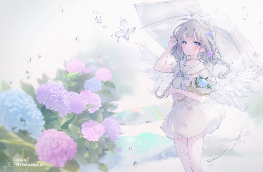 1girl arm_up blue_flower bouquet braid bug butterfly choker collarbone commentary_request dress feathered_wings flower grey_hair halo highres hydrangea long_hair looking_at_viewer original purple_flower rain sailor_collar sailor_dress short_sleeves solo standing suzumori_uina transparent transparent_umbrella umbrella water_drop white_choker white_dress white_sailor_collar white_wings wings