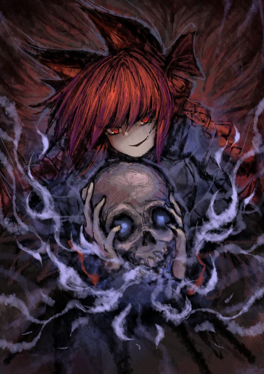 1girl 2b-ge animal_ears braid cat_ears cat_girl commentary fang highres holding holding_skull kaenbyou_rin long_hair long_sleeves looking_at_viewer one-hour_drawing_challenge red_eyes redhead side_braids skull smile solo touhou twin_braids