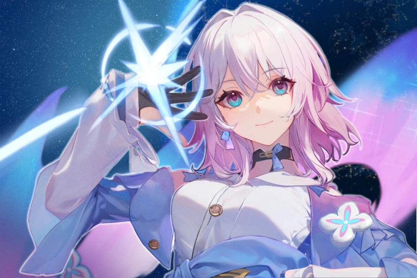 1girl black_choker black_gloves blue_eyes blue_jacket breasts buttons choker closed_mouth earrings eyelashes flower_ornament gloves hair_between_eyes hand_on_own_hip hand_up highres honkai:_star_rail honkai_(series) jacket jewelry light_smile long_sleeves looking_at_viewer march_7th_(honkai:_star_rail) medium_breasts partially_fingerless_gloves pink_eyes pink_hair revision sappheiros shirt single_earring solo tied_jacket two-tone_eyes underbust upper_body white_shirt
