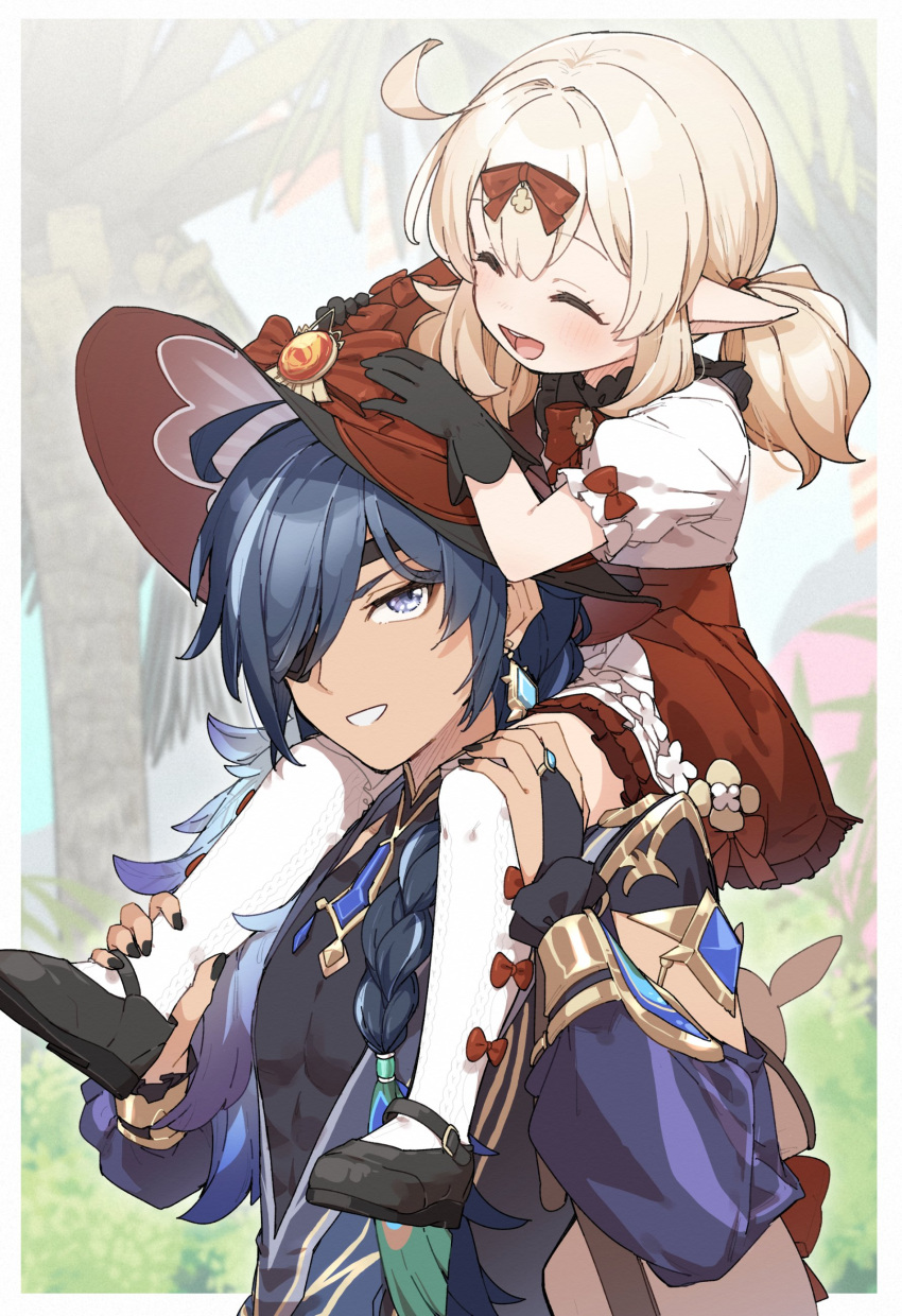 1boy 1girl :d ^_^ absurdres ankle_grab black_footwear black_gloves black_nails blonde_hair blue_eyes blue_hair blue_jacket blush bow bridal_gauntlets carrying closed_eyes commentary_request eyepatch genshin_impact gloves hair_between_eyes hair_bow hair_over_one_eye hat hat_bow highres jacket kaeya_(genshin_impact) klee_(blossoming_starlight)_(genshin_impact) klee_(genshin_impact) long_hair long_sleeves low_twintails nail_polish piggyback pointy_ears puffy_long_sleeves puffy_short_sleeves puffy_sleeves red_bow red_headwear red_skirt shirt shoes short_sleeves skirt smile thigh-highs tree twintails white_shirt white_thighhighs witch_hat yukie_(kusaka_shi)