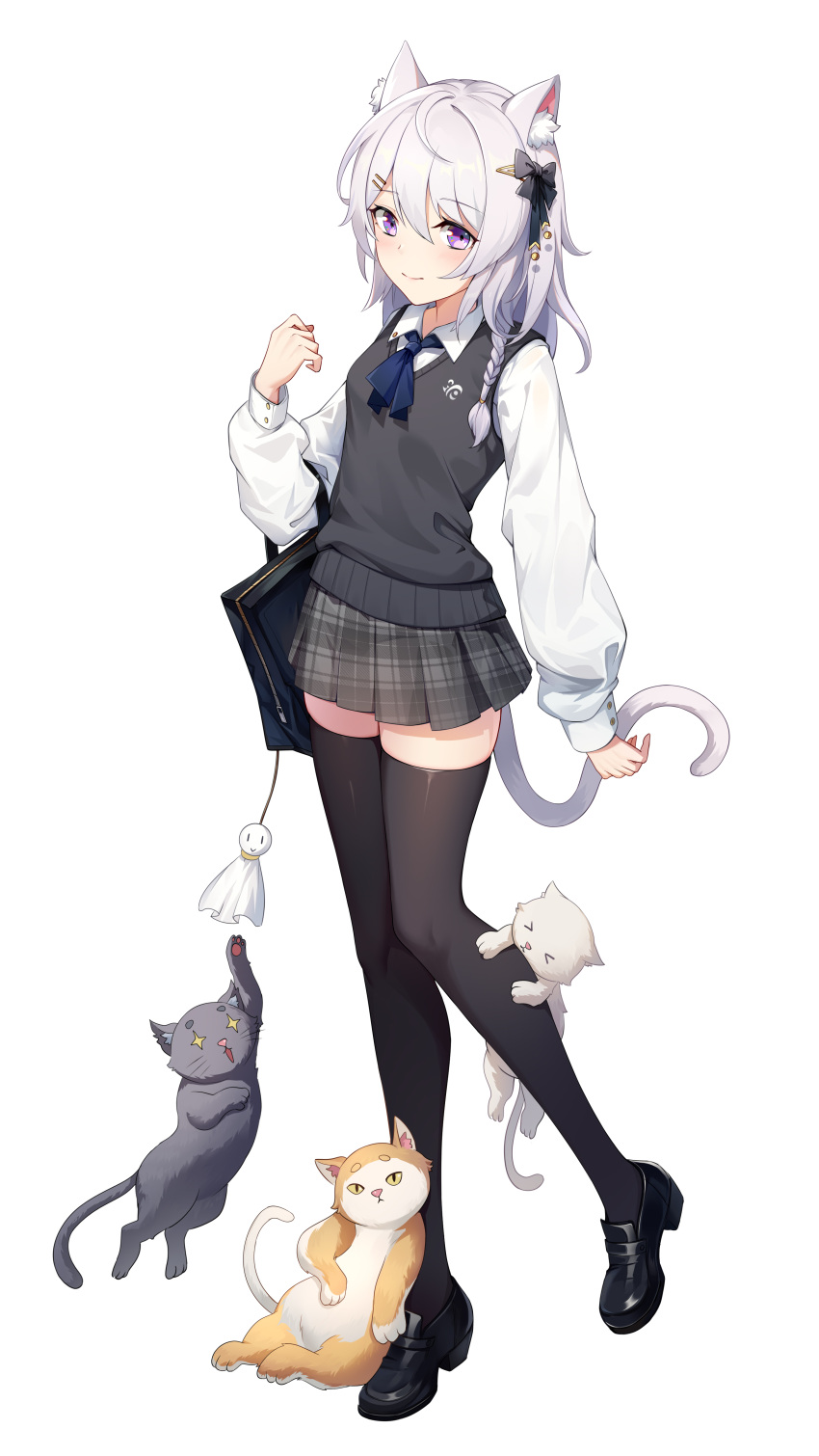 1girl absurdres animal_ears ar_(3779609928) black_bag black_cat black_footwear black_thighhighs blue_ribbon braid cat cat_ears cat_girl cat_tail closed_mouth collared_shirt commentary_request full_body grey_jacket hand_up highres jacket long_hair long_sleeves neck original plaid plaid_skirt pleated_skirt ribbon school_uniform shirt shoes side_braid simple_background skirt smile solo standing tail thigh-highs violet_eyes white_background white_cat white_hair white_shirt yellow_cat zettai_ryouiki