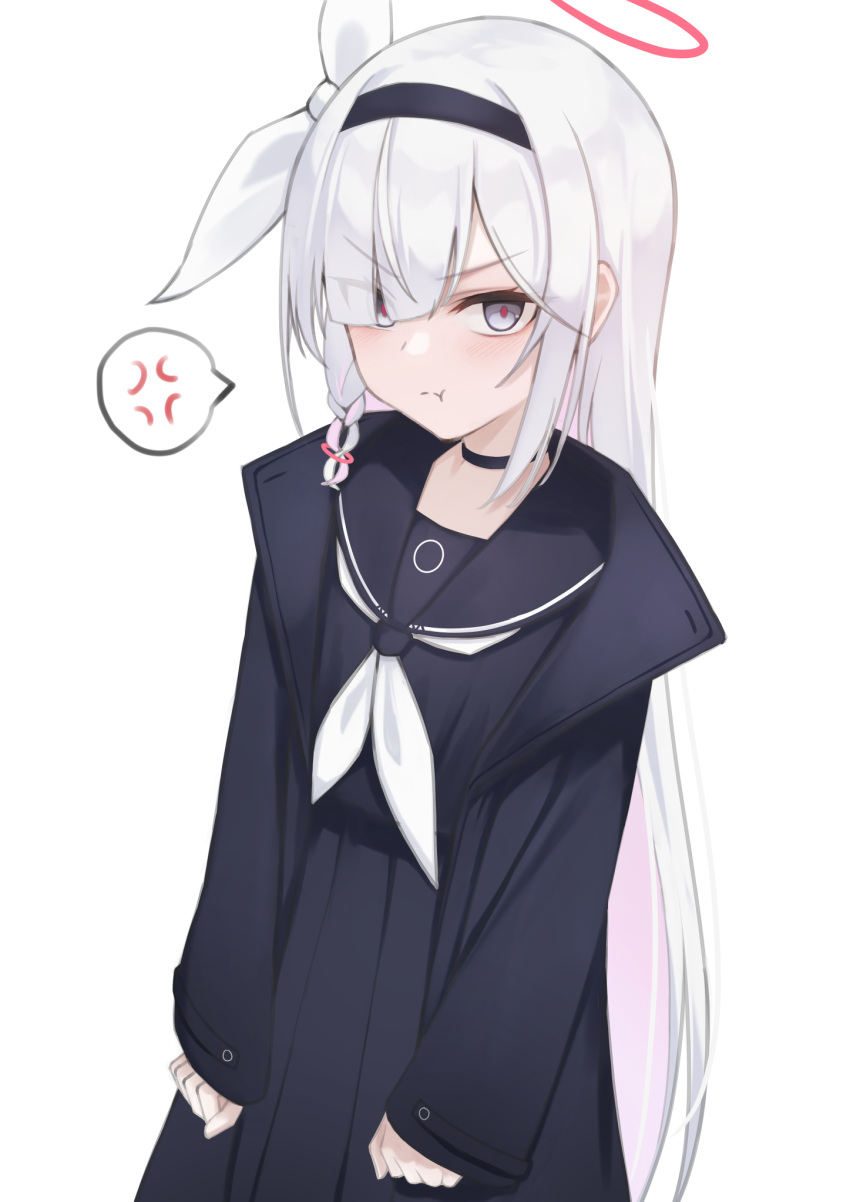 1girl anger_vein black_choker black_coat black_hairband black_sailor_collar black_serafuku black_shirt black_skirt blue_archive braid choker clenched_hands coat commentary grey_eyes hair_over_one_eye hair_ribbon hairband halo highres kouyadoufu long_hair looking_at_viewer neckerchief open_clothes open_coat plana_(blue_archive) pout red_halo ribbon sailor_collar school_uniform serafuku shirt side_braid simple_background skirt solo spoken_anger_vein standing very_long_hair white_background white_hair white_neckerchief white_ribbon