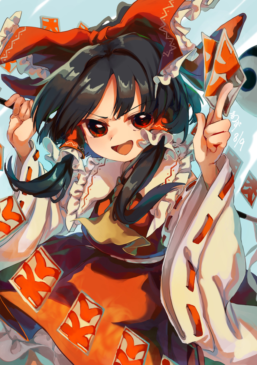 1girl absurdres ascot bare_shoulders black_hair bow detached_sleeves hair_bow hair_tubes hakurei_reimu highres holding japanese_clothes long_hair matsukuzu nontraditional_miko ofuda open_mouth red_bow red_eyes red_skirt ribbon-trimmed_sleeves ribbon_trim sidelocks skirt smile solo touhou white_sleeves wide_sleeves yellow_ascot
