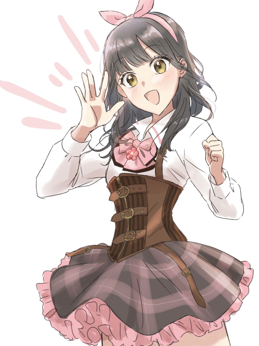 1girl :d assault_lily belt belt_buckle black_hair bow bow_hairband brown_belt brown_skirt buckle clenched_hand collared_shirt commentary_request corset cowboy_shot frilled_skirt frills hair_bow hairband hands_up highres light_blush long_hair long_sleeves looking_at_viewer ludvico_private_girls'_academy_school_uniform miniskirt multiple_belts nagase_marta_nonoka open_hand open_mouth pink_bow pink_hairband school_uniform shakeza shirt simple_background skirt smile solo standing suspenders underbust white_background white_shirt yellow_eyes
