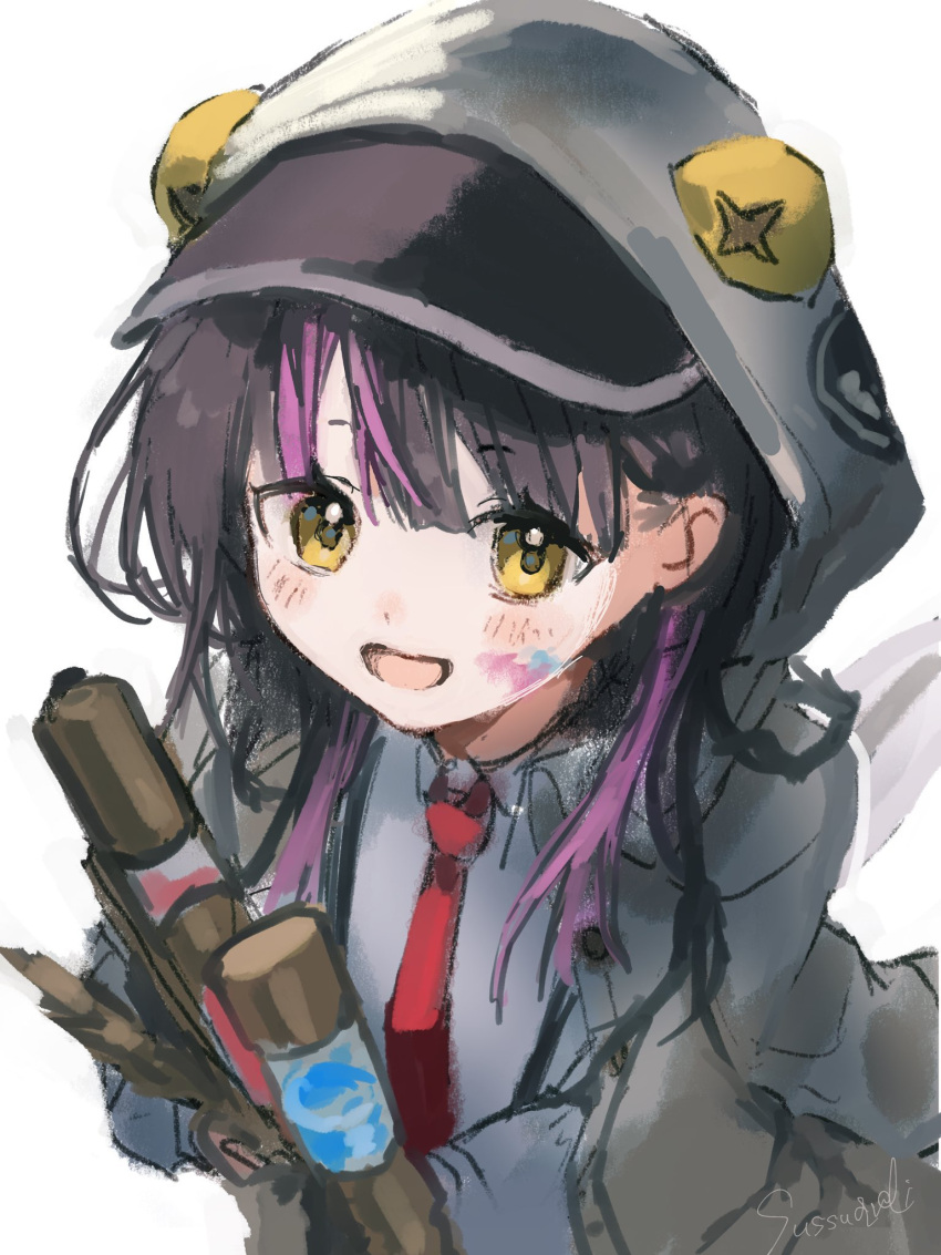 1girl :d affinity_line black_hair brown_coat coat coat_on_shoulders collared_shirt dress_shirt eleanor_(affinity_line) gun hair_over_shoulder highres holding holding_gun holding_weapon hood hood_up hooded_coat long_hair long_sleeves looking_at_viewer multicolored_hair necktie open_clothes open_coat open_mouth purple_hair red_necktie shirt simple_background smile solo streaked_hair sutoa weapon white_background white_shirt yellow_eyes