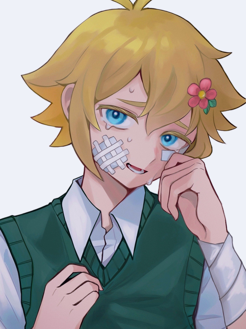 0tz026 1boy bandage_on_face bandaged_arm bandages basil_(omori) blonde_hair blue_eyes collared_shirt crying crying_with_eyes_open flower green_sweater_vest hair_flower hair_ornament highres looking_at_viewer omori open_mouth shirt short_hair short_sleeves simple_background solo sweater_vest tears tongue upper_body white_background white_shirt