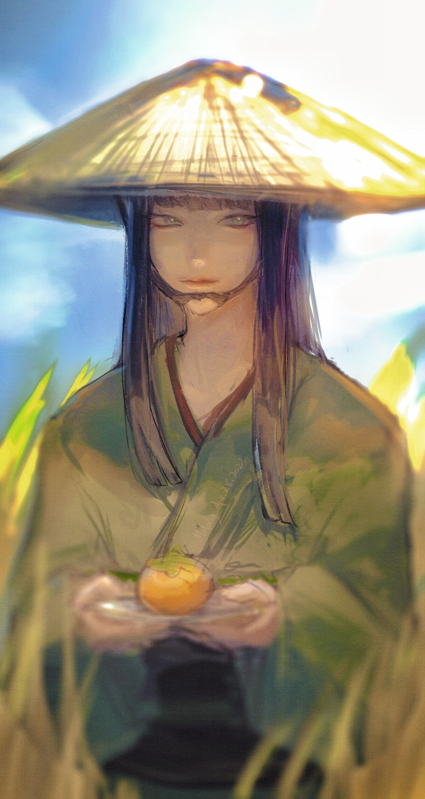 1girl black_hair blue_sky blunt_bangs blunt_ends blurry clouds dated day final_fantasy final_fantasy_xiv food fruit grass green_eyes green_kimono hat highres holding holding_plate hyur japanese_clothes kimono light_smile long_hair looking_at_viewer obi outdoors owari_(26593762) persimmon plate rice_hat sash sidelocks signature sketch sky solo straight_hair straw_hat upper_body wide_sleeves yotsuyu_goe_brutus