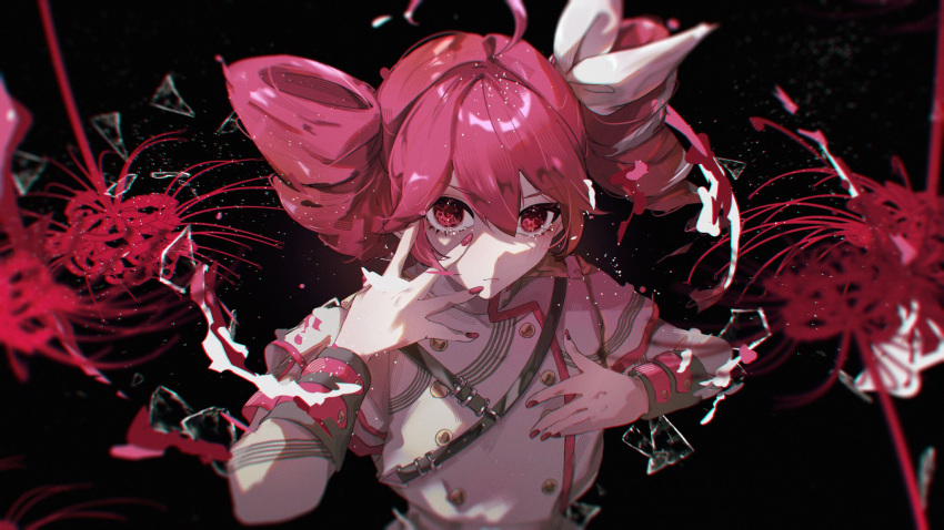 1girl ahoge black_background blush broken_glass buttons closed_mouth dress drill_hair fingernails flower glass hair_between_eyes hair_ribbon hands_up highres kasane_teto long_fingernails long_hair looking_at_viewer nail_polish pink_hair pink_nails red_eyes red_flower ribbon short_sleeves sidelocks simple_background solo spider_lily standing tgrs twintails utau white_dress white_ribbon