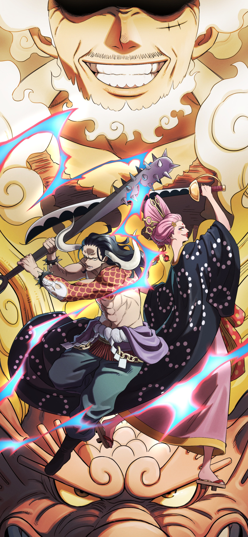 1girl 3boys absurdres alternate_form beard black_hair bracelet charlotte_linlin closed_mouth club_(weapon) dragon facial_hair full_body gear_fifth hair_ornament highres holding holding_sword holding_weapon horns japanese_clothes jewelry kaidou_(one_piece) kanabou kimono long_hair looking_at_viewer male_focus momonosuke_(one_piece) monkey_d._luffy multiple_boys one_piece oni oni_horns pink_hair scar scar_on_cheek scar_on_face smile spiked_bracelet spikes sword teeth topless_male vonsiakira weapon