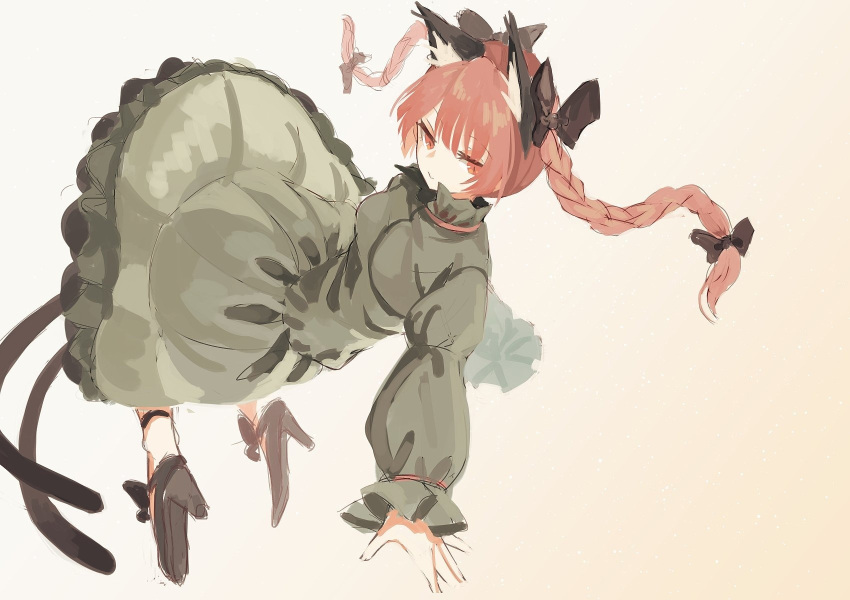 1girl animal_ears artist_request black_bow black_footwear bow braid cat_ears cat_girl cat_tail closed_mouth dress full_body green_dress hair_bow high_heels highres kaenbyou_rin long_hair long_sleeves multiple_tails nekomata red_eyes redhead side_braid simple_background solo tail third-party_source touhou twin_braids two_tails