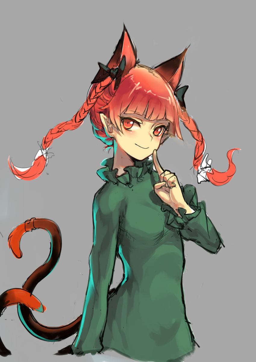 1girl absurdres animal_ears black_bow bow braid cat_ears cat_girl cat_tail closed_mouth commentary cropped_torso dress extra_ears green_dress grey_background hair_bow highres index_finger_raised iouley kaenbyou_rin long_hair long_sleeves multiple_tails nekomata pointy_ears red_eyes redhead side_braids simple_background smile solo tail touhou twin_braids two_tails