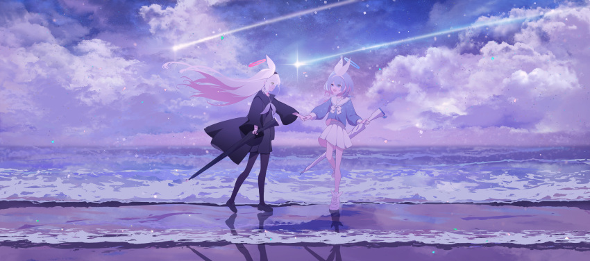 2girls absurdres arona_(blue_archive) beach black_coat black_pantyhose black_shirt blue_archive blue_hair blue_halo blue_shirt clouds cloudy_sky coat colored_inner_hair english_commentary full_body hair_ribbon halo hand_grab highres holding holding_umbrella k.n.q long_hair long_sleeves multicolored_hair multiple_girls neckerchief night night_sky ocean open_clothes open_coat pantyhose pink_hair plana_(blue_archive) pleated_skirt red_halo ribbon sailor_collar scenery shirt shoes shooting_star skirt sky standing standing_on_one_leg star_(sky) starry_sky umbrella very_long_hair walking white_footwear white_hair white_neckerchief white_ribbon white_sailor_collar white_skirt