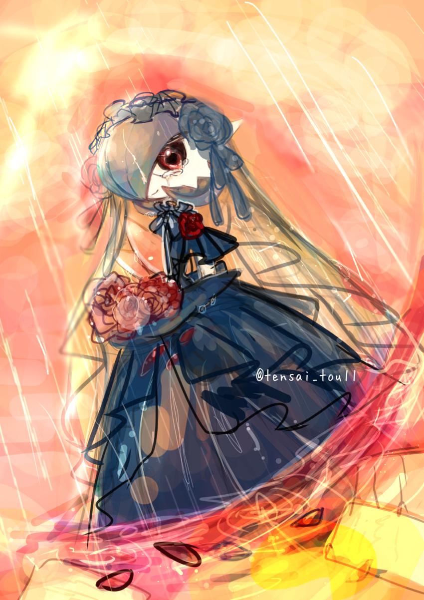 1girl alternate_color artist_name blue_dress blue_flower blue_gloves blue_hair blue_hairband blue_rose bob_cut bouquet bridal_veil bride closed_mouth clothed_pokemon clouds colored_skin commentary_request crying dress dutch_angle elbow_gloves flower frilled_hairband frilled_sleeves frills gardevoir gloves hair_flower hair_ornament hair_over_one_eye hairband hand_up happy highres holding holding_bouquet long_dress looking_at_viewer mega_gardevoir mega_pokemon one_eye_covered orange_background orange_sky outdoors petals pokemon pokemon_(creature) rain red_eyes red_flower red_rose rose see-through shiny_pokemon short_hair short_sleeves signature sketch sky smile solo standing sunset tears tensaitou_tou twitter_username veil wedding_dress white_skin