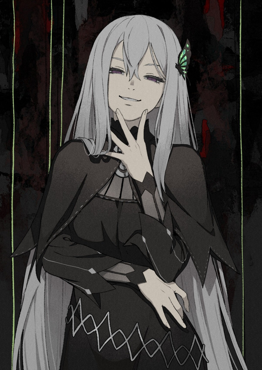1girl bad_id bad_twitter_id black_capelet black_dress breasts bug butterfly butterfly_hair_ornament capelet commentary_request dress echidna_(re:zero) evil_smile grey_hair grin hair_between_eyes hair_ornament half-closed_eyes hand_up head_tilt highres iwamushi long_hair long_sleeves looking_at_viewer medium_breasts parted_lips patterned_background re:zero_kara_hajimeru_isekai_seikatsu revision smile solo spread_fingers standing striped striped_sleeves violet_eyes