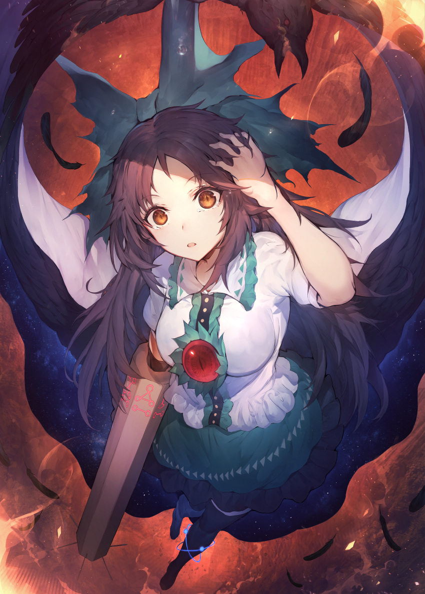 1girl absurdres animal arm_cannon bird bird_wings black_hair black_thighhighs black_wings bow brown_eyes collared_shirt crow feathered_wings feathers frilled_skirt frills from_above full_body green_bow green_skirt hair_bow highres long_hair open_mouth reiuji_utsuho shirt short_sleeves skirt solo takeno_(hashi_falcon) thigh-highs third_eye touhou weapon white_shirt wings
