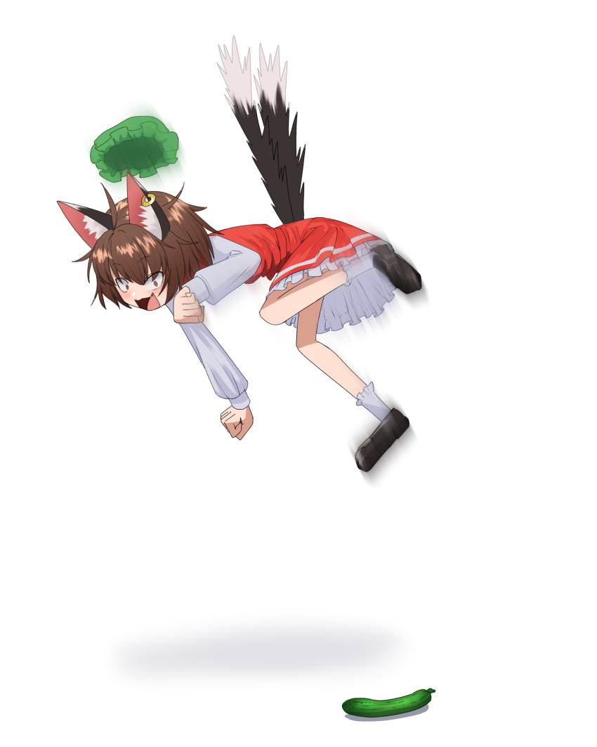 1girl absurdres animal_ear_fluff animal_ear_piercing animal_ears asakura_haru black_footwear blush brown_eyes brown_hair cat_ears cat_tail chen commentary cucumber dress earrings frilled_dress frills full_body green_headwear hat highres jewelry jumping long_sleeves looking_down medium_bangs mob_cap motion_blur multiple_tails open_mouth red_dress scared shirt shoes short_hair simple_background single_earring sleeveless sleeveless_dress socks solo symbol-only_commentary tail touhou two_tails white_background white_shirt white_socks