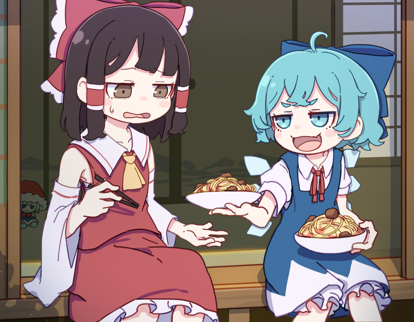 2girls ahoge ascot bare_shoulders blue_bow blue_dress blue_eyes blue_hair blush_stickers bow brown_eyes brown_hair cirno collared_shirt detached_sleeves detached_wings dress fairy food frilled_skirt frills fumo_(doll) hair_bow hair_tubes hakurei_reimu highres ice ice_wings japanese_clothes kame_(kamepan44231) meatball multiple_girls nontraditional_miko open_mouth pasta pinafore_dress red_bow red_skirt shirt short_hair short_sleeves sidelocks sitting skirt sleeveless sleeveless_dress smile touhou white_shirt white_sleeves wide_sleeves wings yellow_ascot