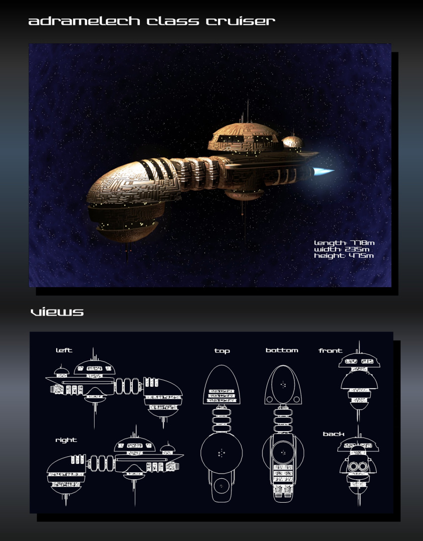 3d amarr_empire_(eve_online) commentary concept_art cruiser_(eve_online) eve_online flying from_side glowing highres military_vehicle multiple_views no_humans original outdoors radio_antenna reference_sheet science_fiction sky space spacecraft star_(sky) starry_sky strategic_cruiser_(eve_online) tech_3_ship_(eve_online) thrusters toneloperu vehicle_focus