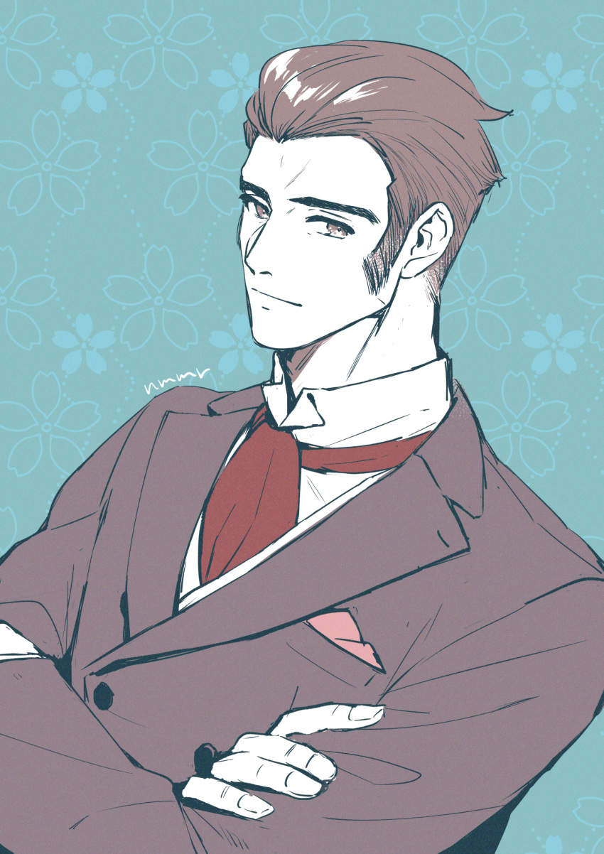1boy ace_attorney aged_down artist_name ascot black_jacket blue_background brown_eyes brown_hair closed_mouth collared_shirt crossed_arms highres jacket long_sleeves looking_at_viewer male_focus nmimymr shirt short_hair sideburns solo the_great_ace_attorney upper_body white_shirt yujin_mikotoba