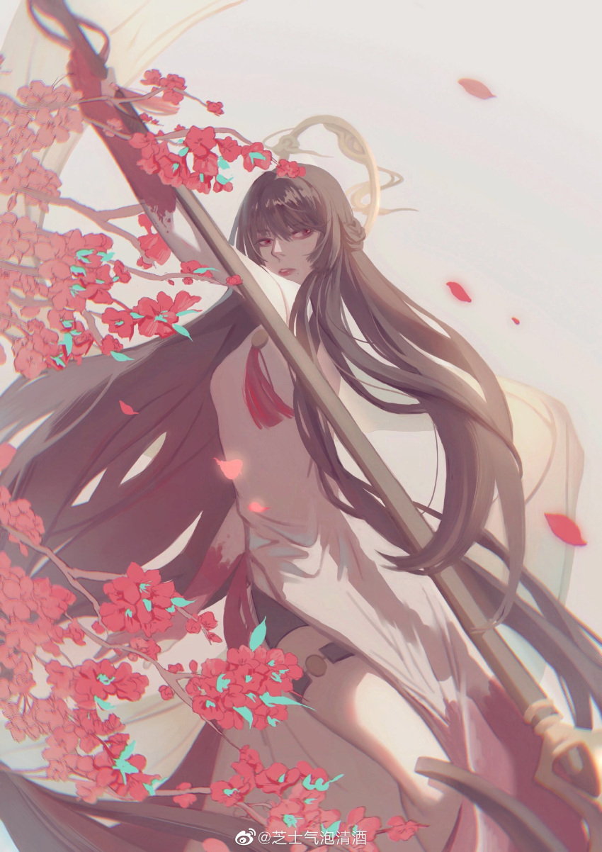1girl absurdly_long_hair absurdres black_hair blood blood_on_hands braid china_dress chinese_clothes dress flower french_braid halo highres holding holding_polearm holding_weapon lance long_hair parted_lips polearm punishing:_gray_raven qu_(punishing:_gray_raven) sakesake_79 short_sleeves sidelocks solo thigh_strap tree very_long_hair weapon white_dress