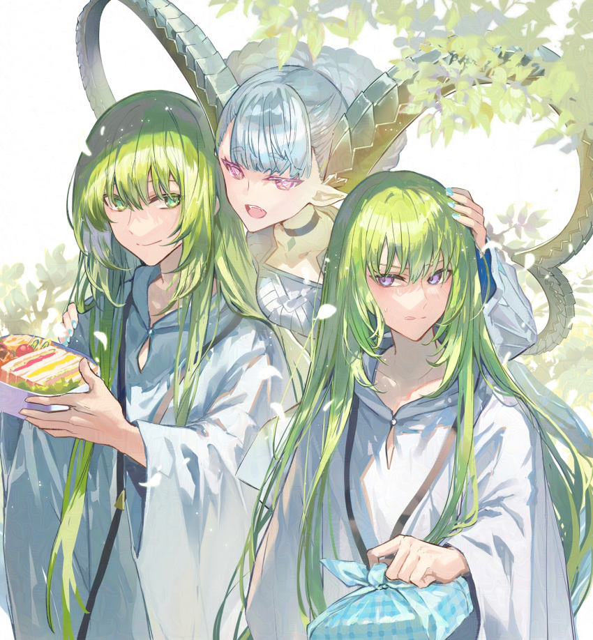 1girl 2others androgynous aqua_hair bento black_choker blue_horns blue_nails blush braid braided_bun choker collarbone curled_horns dress enkidu_(fate) falling_petals fangs fate/grand_order fate_(series) food green_eyes green_hair hair_bun hand_on_another's_head hand_on_another's_shoulder hand_up highres holding holding_bento horns kingu_(fate) larva_tiamat_(fate) larva_tiamat_(first_ascension)_(fate) leaf lettuce light_particles long_hair long_sleeves looking_at_another looking_to_the_side motherly multiple_others nail_polish open_mouth outdoors pendant_choker petals pointy_ears poppoman robe sandwich smile sweat symbol-shaped_pupils tiamat_(fate) tomato violet_eyes white_background white_dress white_robe wide_sleeves wrapped_bento