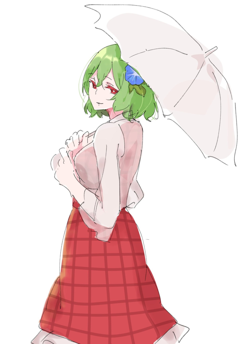 1girl blue_flower commentary flower frilled_skirt frills from_side green_hair hair_flower hair_ornament highres holding holding_umbrella kazami_yuuka long_sleeves looking_at_viewer plaid plaid_skirt red_eyes red_skirt shirt short_hair simple_background skirt solo tohoyuukarin touhou umbrella white_background white_shirt white_umbrella