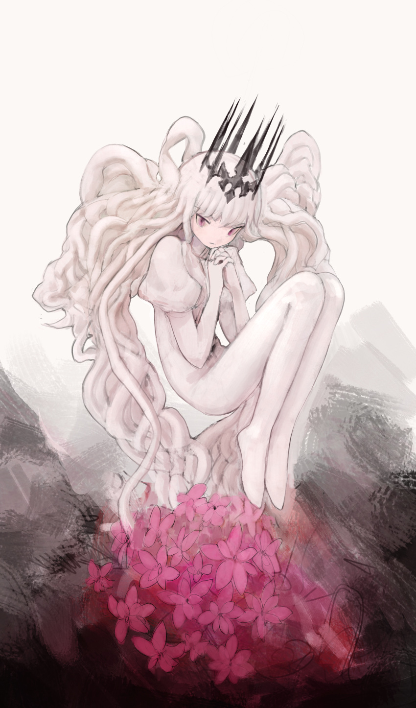 1girl absurdly_long_hair absurdres black_background bodysuit closed_eyes commentary crown fetal_position floating flower full_body hands_up highres kisatsuki knees_up latin_commentary long_hair looking_at_viewer original own_hands_clasped own_hands_together red_eyes red_flower solo tentacle_hair turtleneck very_long_hair white_background white_bodysuit