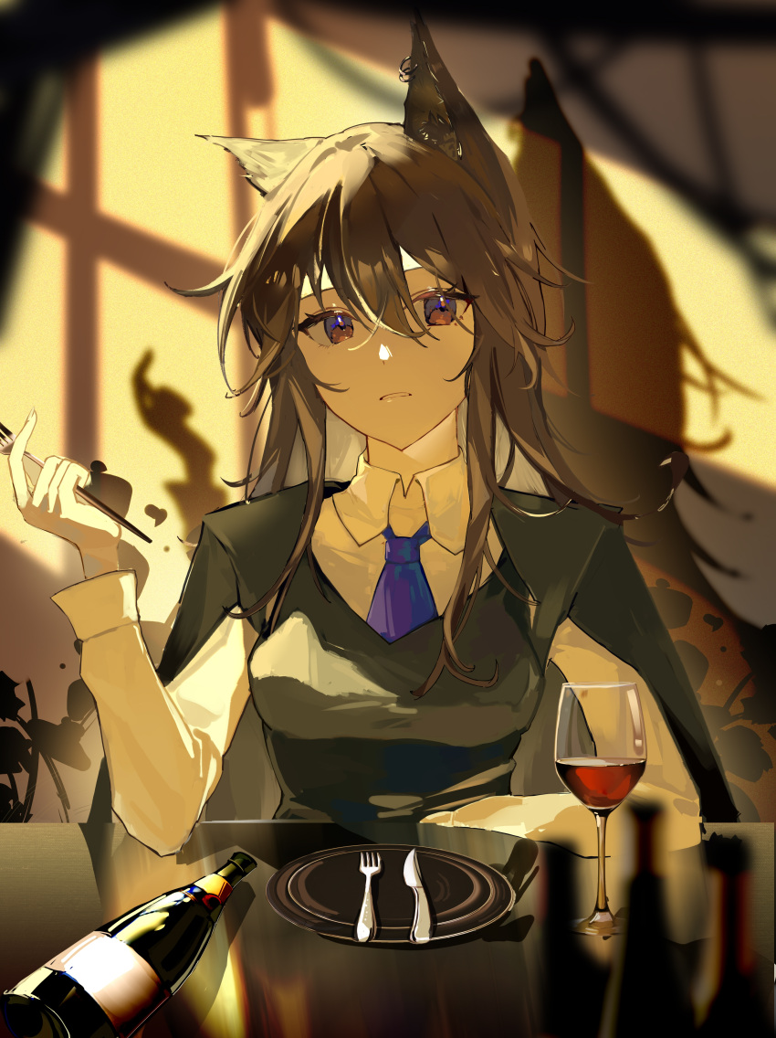 1girl 906_(9065495294) absurdres alcohol animal_ear_fluff animal_ears arknights black_hair black_jacket black_vest blue_necktie blurry blurry_background blurry_foreground bottle breasts brown_eyes collared_shirt cup depth_of_field drinking_glass ear_piercing fork hair_between_eyes hand_up highres holding holding_fork jacket jacket_on_shoulders knife long_hair long_sleeves looking_at_viewer medium_breasts necktie parted_lips piercing plate shirt solo texas_(arknights) texas_the_omertosa_(arknights) vest white_shirt wine wine_glass