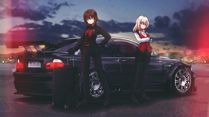 2girls absurdres alternate_costume belt black_belt black_footwear black_gloves black_jacket black_necktie black_pants black_socks blazer blue_eyes bmw bmw_m3 brown_eyes brown_hair car closed_mouth clouds cloudy_sky commentary crossed_arms dress_shirt frown girls_und_panzer gloves grey_hair hand_on_own_hip highres itsumi_erika jacket lapel_pin looking_at_viewer medium_hair mizzterbii motor_vehicle multiple_girls necktie night night_sky nishizumi_maho open_clothes open_jacket outdoors pants red_shirt red_vest reflection reverse_trap rolling_suitcase shirt shoes short_hair sky socks standing star_(sky) starry_sky suit suitcase twilight vehicle_request vest wing_collar