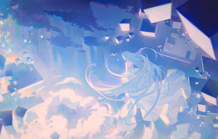 1girl above_clouds abstract absurdres bare_arms bare_shoulders blue_hair blue_theme chinese_commentary clouds commentary_request cube dissolving dress feisekong286 floating floating_hair floating_object from_above highres long_hair original scenery sitting sleeveless sleeveless_dress solo very_long_hair white_dress wide_shot