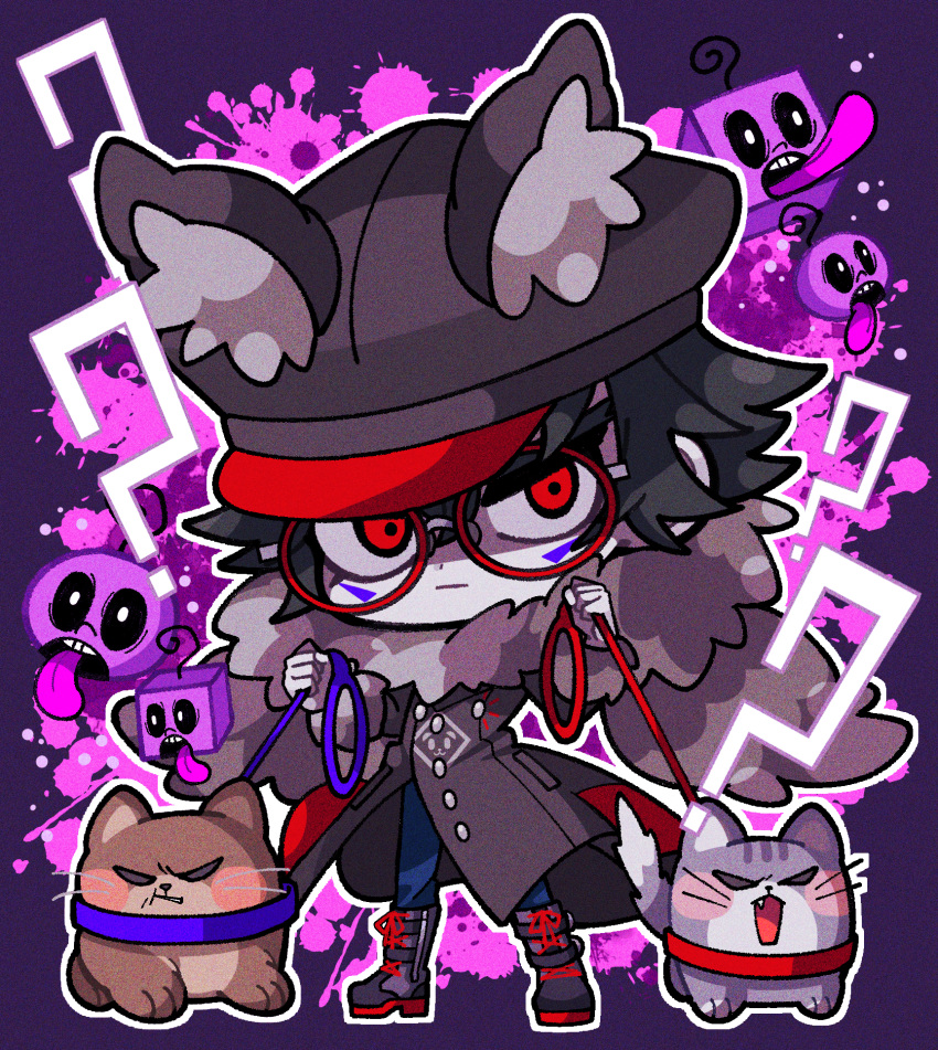 1boy ? angry animal_ears animal_hat black_footwear black_hair black_headwear blood blood_splatter boots cabbie_hat chibi closed_mouth coat commentary_request dog facial_mark fake_animal_ears full_body fur-trimmed_sleeves fur_collar fur_trim glasses grey_coat hat highres holding holding_leash kohinata_kanoo leash long_sleeves looking_at_viewer male_focus master_detective_archives:_rain_code outline pants pink_blood red-framed_eyewear red_eyes round_eyewear short_hair solo standing white_outline zilch_alexander