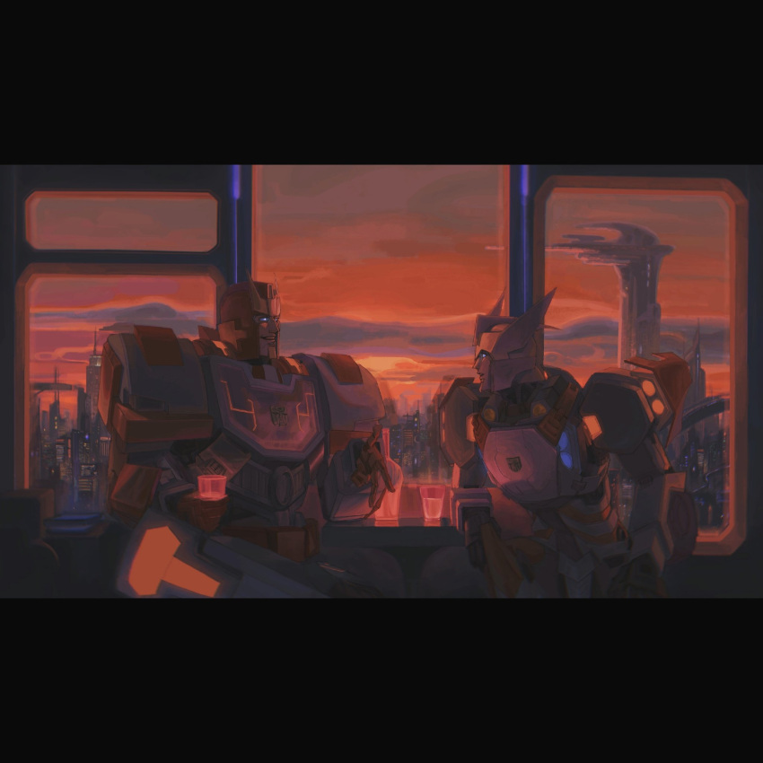 2boys autobot blue_eyes building city clouds commentary cup drift_(transformers) english_commentary highres holding holding_cup letterboxed male_focus mecha multiple_boys no_humans ratchet_(transformers) robot science_fiction sitting skyscraper smile sunset table ting_(u4lo6) transformers window