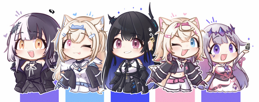 5girls :d ;d ;p absurdres animal_ear_fluff animal_ears bandaid_hair_ornament black_coat black_dress black_hair black_horns black_jacket black_wings blonde_hair blue_eyes blue_hair blue_hairband blush center-flap_bangs chest_jewel chibi coat collared_shirt colored_inner_hair cropped_jacket crossed_bangs crown demon_horns detached_sleeves detached_wings dog_ears dog_girl dog_tail double-parted_bangs dress everyone fake_horns fangs flower_knot fuwawa_abyssgard gem gradient_hair grey_hair grin hair_between_eyes hair_flaps hair_ornament hairband hairclip hand_up headpiece highres holoadvent hololive hololive_english horns jacket jewel_under_eye koseki_bijou long_hair long_sleeves looking_at_viewer low_wings mococo_abyssgard moon_ldl multicolored_hair multiple_girls nerissa_ravencroft one_eye_closed open_mouth pink_eyes pink_hair pink_hairband purple_gemstone purple_hair red_eyes shiori_novella shirt short_hair siblings sidelocks single_detached_sleeve sisters sleeveless sleeveless_dress smile split-color_hair straight_hair strapless strapless_dress streaked_hair tail tassel tassel_hair_ornament tongue tongue_out twins two_side_up uneven_horns very_long_hair violet_eyes virtual_youtuber white_dress white_shirt wings yellow_eyes