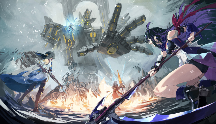 3girls absurdres ankle_boots bare_legs bare_shoulders black_footwear black_gloves boots breasts bronya_rand commentary_request costume_request covered_navel detached_sleeves drill_hair fire full_body gloves grey_hair gun high_heel_boots high_heels highres holding holding_gun holding_scythe holding_weapon honkai:_star_rail honkai_(series) korean_commentary long_hair mia_(39565899) multiple_girls purple_hair robot scythe seele_vollerei serious short_shorts shorts stelle_(honkai:_star_rail) thigh_boots trailblazer_(honkai:_star_rail) twin_drills weapon